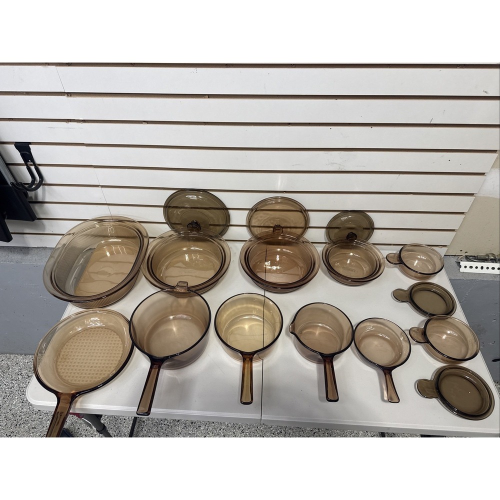 Vintage Corning Ware Visions Amber Glass Cookware Set Pots Pans Pyrex 16 Pc Lot